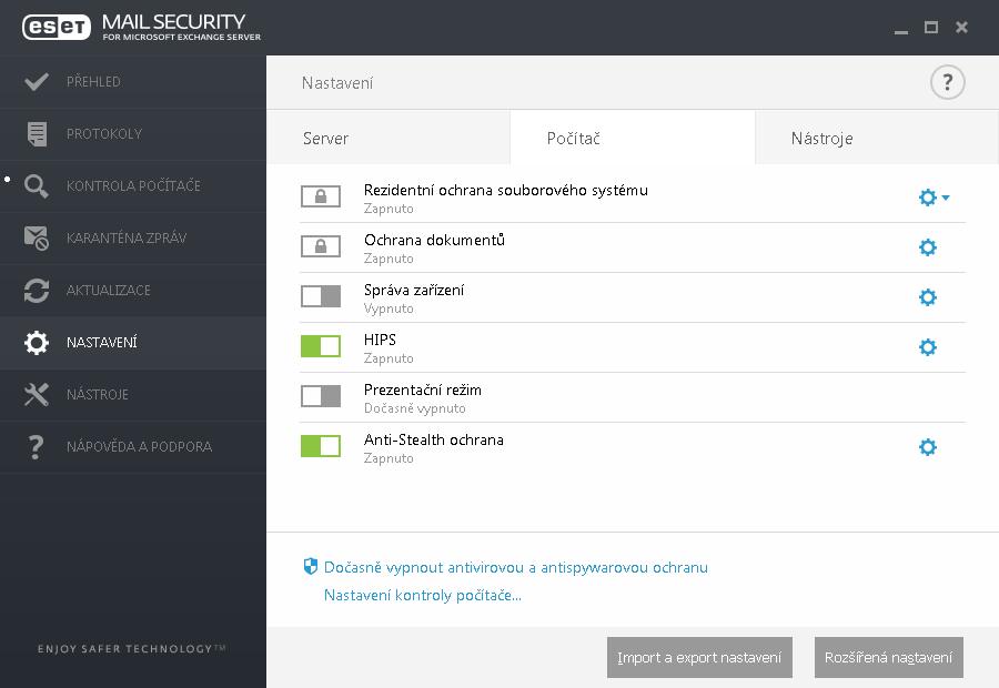 1.7.1 Dočasná změna nastavení Funkce, jejichž nastavení jsou vynucená politikou z ESET Remote Administrator, mají v hlavním okně produktu v sekci Nastavení ikonu zámku a není možné je vypínat/zapínat.