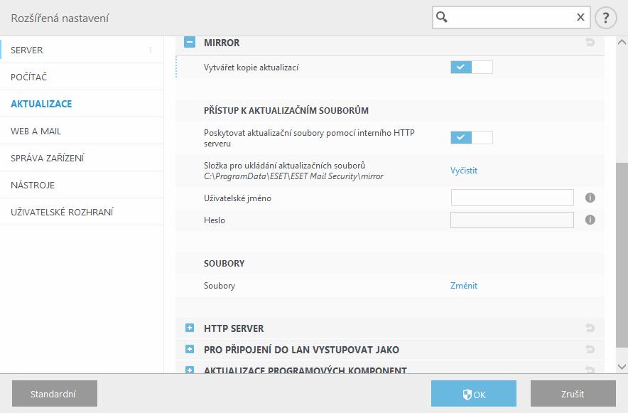 4.3.5 Mirror ESET Mail Security umožňuje vytvářet kopie aktualizací, z níž lze pak aktualizovat další stanice v lokální síti.