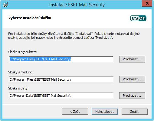 Po kliknutí na tlačítko Další můžete změnit složku, do které chcete program nainstalovat. Standardně se program nainstaluje do složky C:\Program Files\ESET\ESET Mail Security.