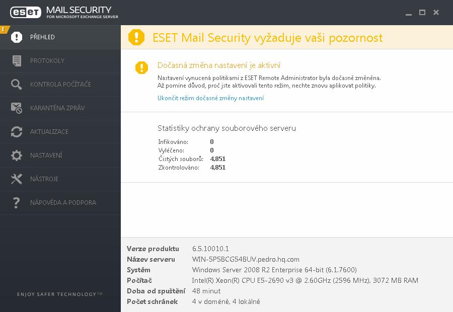 V dolní části okna se zobrazují základní informace o produktu a serveru: Verze produktu číslo verze ESET Mail Security. Název serveru FQDN nebo název stroje. Systém podrobnosti o operačním systému.