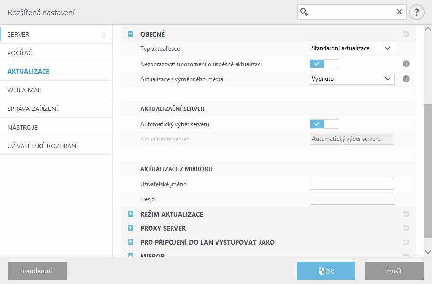 Standardně je vybrána možnost Automatický výběr serveru, čímž je zajištěno stahování aktualizací ze serverů společnosti ESET.