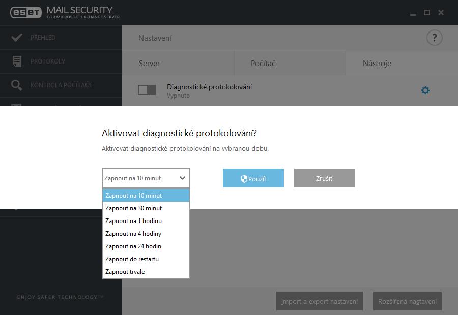 Po aktivování vyberte časový interval, na jakou dlouho chcete diagnostické protokolování zapnout. 3.6.