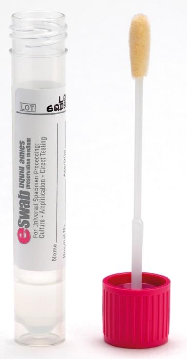 E-swab (2) E-swab obsahuje tekuté Amiesovo médium (bez aktivního uhlí, proto není černé).