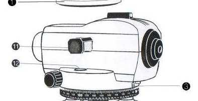 Kryt objektivu 8. Kolečko zaostření 9. Kolečko horizontálního pohonu 10. Seřizovací šroub 11. Hranol na prohlížení libely 12. Kruhová vodováha 3. Použití 3.1. Ustavte stativ a připevněte k němu nivelační přístroj dotažením šroubu stativu (Obr.