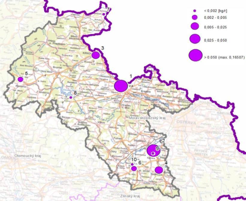 Obrázek 41: Provozovny vyjmenovaných zdrojů s nejvyššími emisemi benzo(a)pyrenu, stav roku 2011, zóna CZ08Z Moravskoslezsko Zdroj dat: ČHMÚ C.6.3.