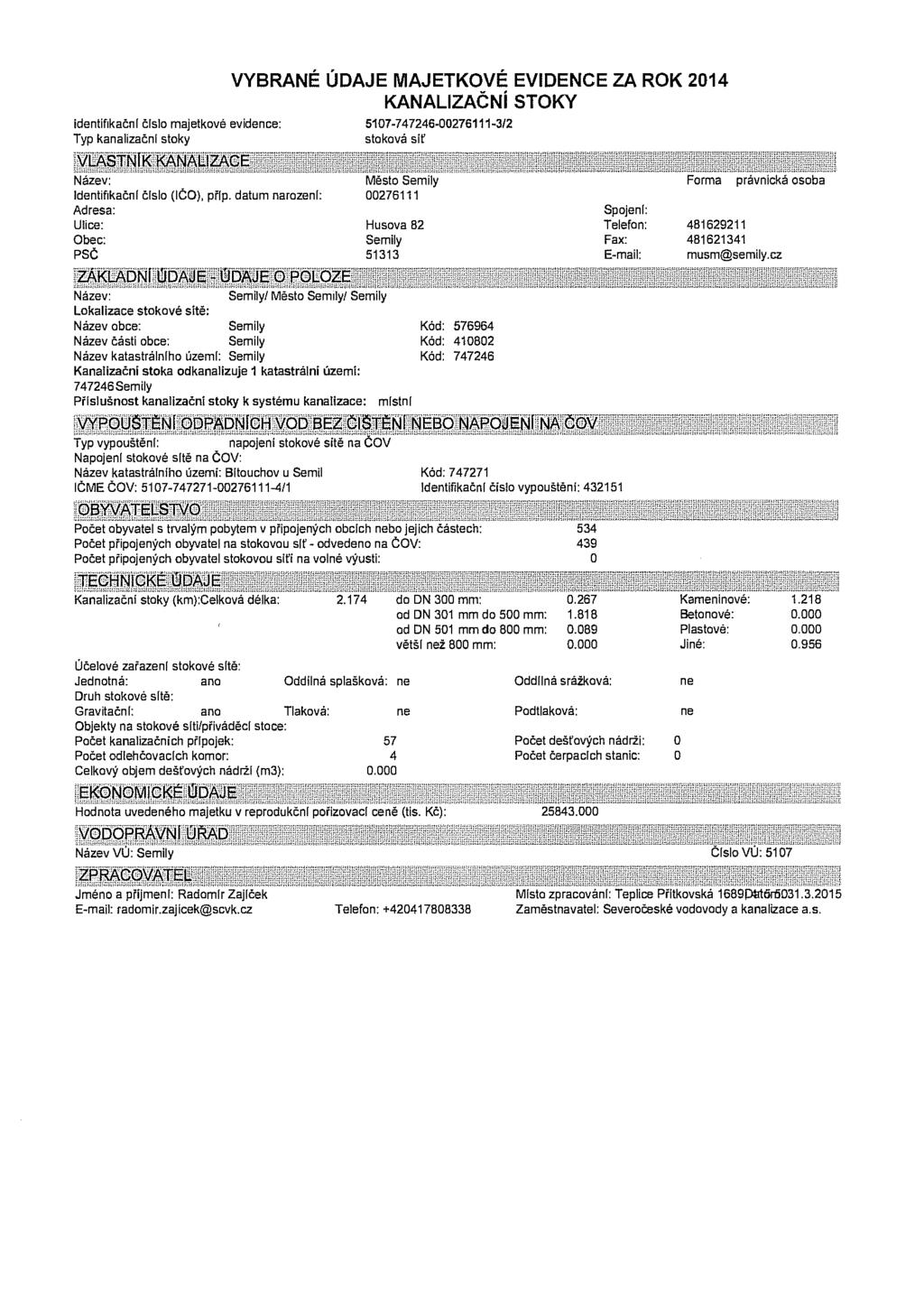 identifikační číslo majetkové evidence: Typ kanalizační stoky VLASTNÍK KANALIZACE ZÁKLADNÍ ÚDAJE - ÚDAJE O POLOZE VYBRANÉ ÚDAJE MAJETKOVÉ EVIDENCE ZA ROK 2014 KANALIZAČNÍ STOKY