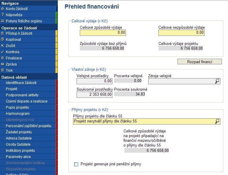Přehled financování Žadatel vyplňuje