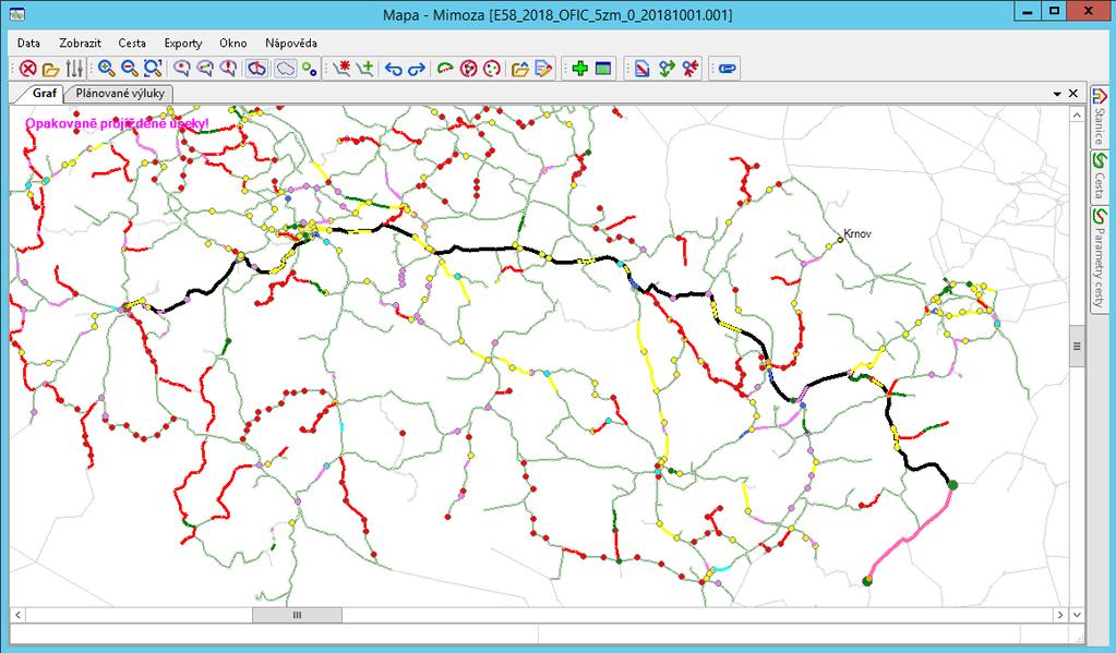 Obrázek 6: Mapa graf s návrhem cesty a omezeními infrastruktury Základní struktura je