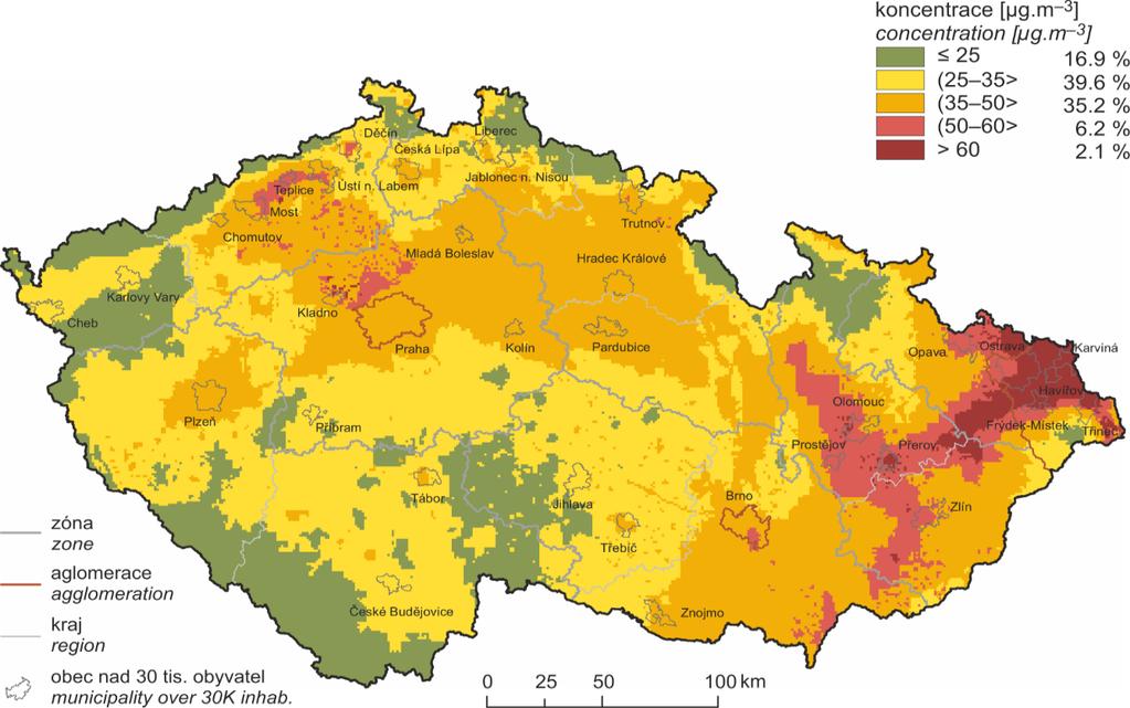 Obrázek 16 : Pole roční průměrné koncentrace PM10, průměr 2013 2017 Zdroj: ČHMÚ