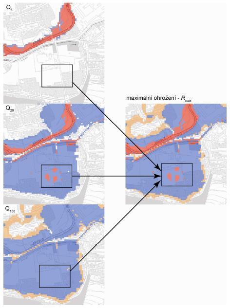 Výpočet povodňového ohrožení Mapa povod. ohrožení zobrazuje maximální ohrožení pro scénáře Q5, Q20, Q100 a Q500.