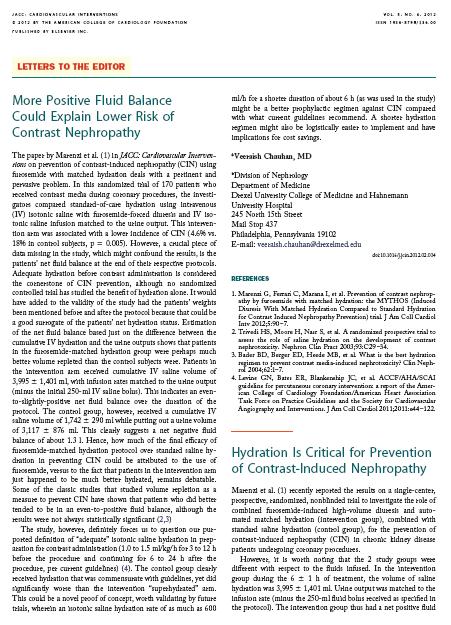 Studie MYTHOS: hydratace + 0,5 mg/kg furosemid s cílem diurézy > 300 ml/hod před podáním KL a další 4 hod Marenzi G et al.