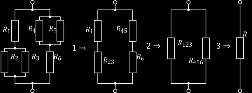 Příklad výpočtu ekvivalentní náhrady rezistorů obvod se řeší postupně, po každém kroku kontrola 1.