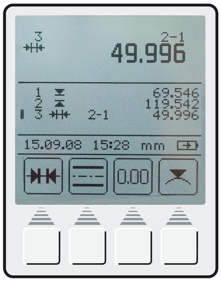 1.3.2 Klávesnice Variabilní funkční klávesy Měřicí funkce 1 2 3 4 5 6 0 0 DATA CE Klávesy mazání a potvrzení 7 FCT 8 PROG 9 MENU Klávesy kalibrace a nastavení 1.3.3 Displej Číslo měření Symbol měření