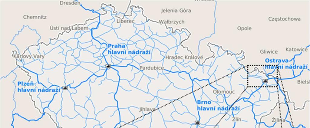 Obrázek 1: Poloha nádraží trava-svinov a Opava východ na mapě Zdroj dat: České dráhy, zpracování vlastní Délka relace