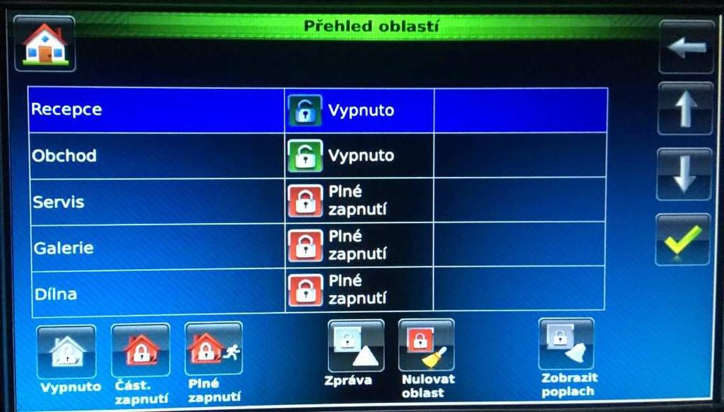 Uživatelský návod pro klávesnici TouchCenterPlus 11 8.2 Zapnutí/vypnutí Zapnutí/vypnutí oblasti zobrazené na informačním řádku pomocí tlačítka Plné zapnutí, Částečné Zapnutí, Vypnutí.