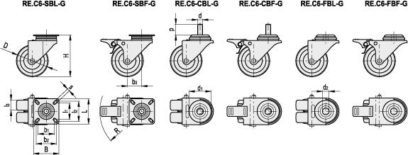 RE.C6-G Vulkanizovaná pryžová kola pro univerzální použití Technické informace Covering Injected polyurethan, hardness 55 Shore D.