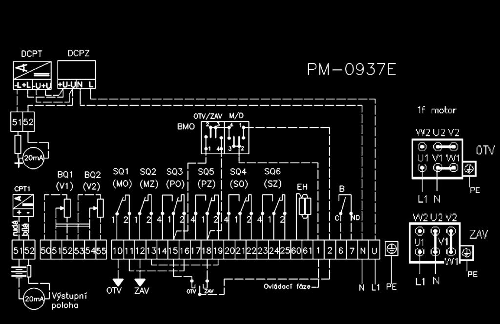 Zapojení elektrických servomotorů MODACT MONJ se svorkovnicí PM0937E DCPT DCPZ 1f motor BMO OTV CPT 1Az ZAV Výstupní poloha Ovládací fáze