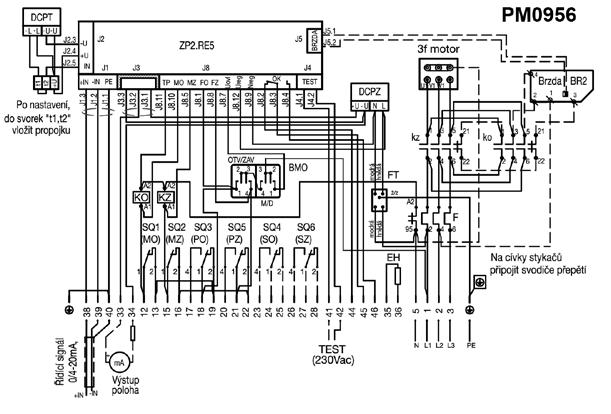 Zapojení elektrických servomotorů MODACT MON, MOP Control se stykači a regulátorem ZP2.RE5 s konektorem P0955 DCPT - L + L - U U+ t1 t2 +U J2.3 -U J2.4 +U J2.5 IN J1.