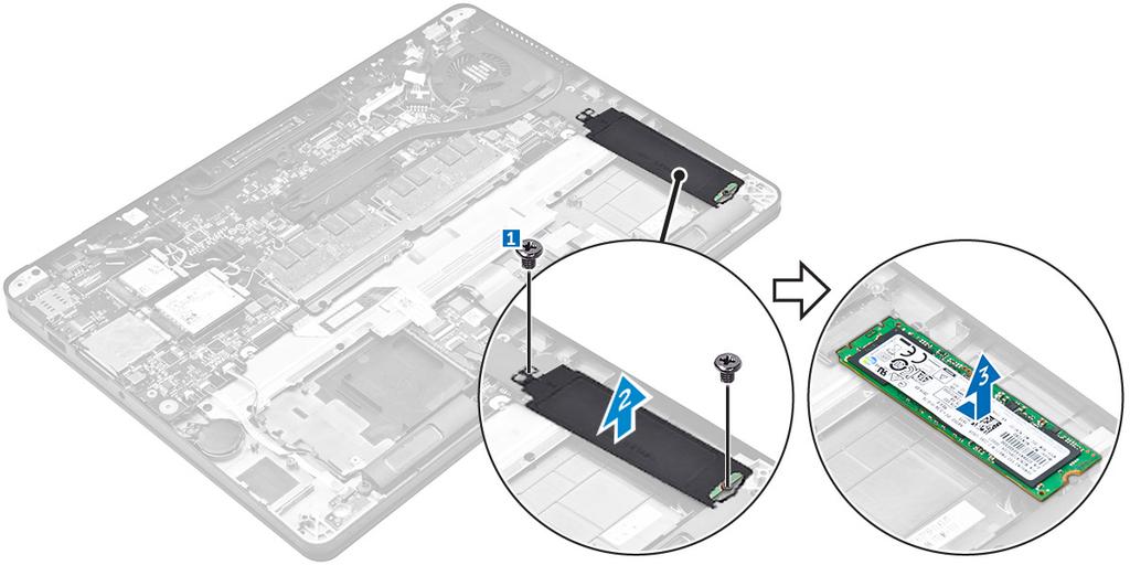 Montáž volitelné karty PCIe SSD 1. Vložte kartu SSD do konektoru na základní desce. 2. Umístěte držák SSD na kartu SSD, dotáhněte šrouby, a upevněte ji tak k počítači. 3.