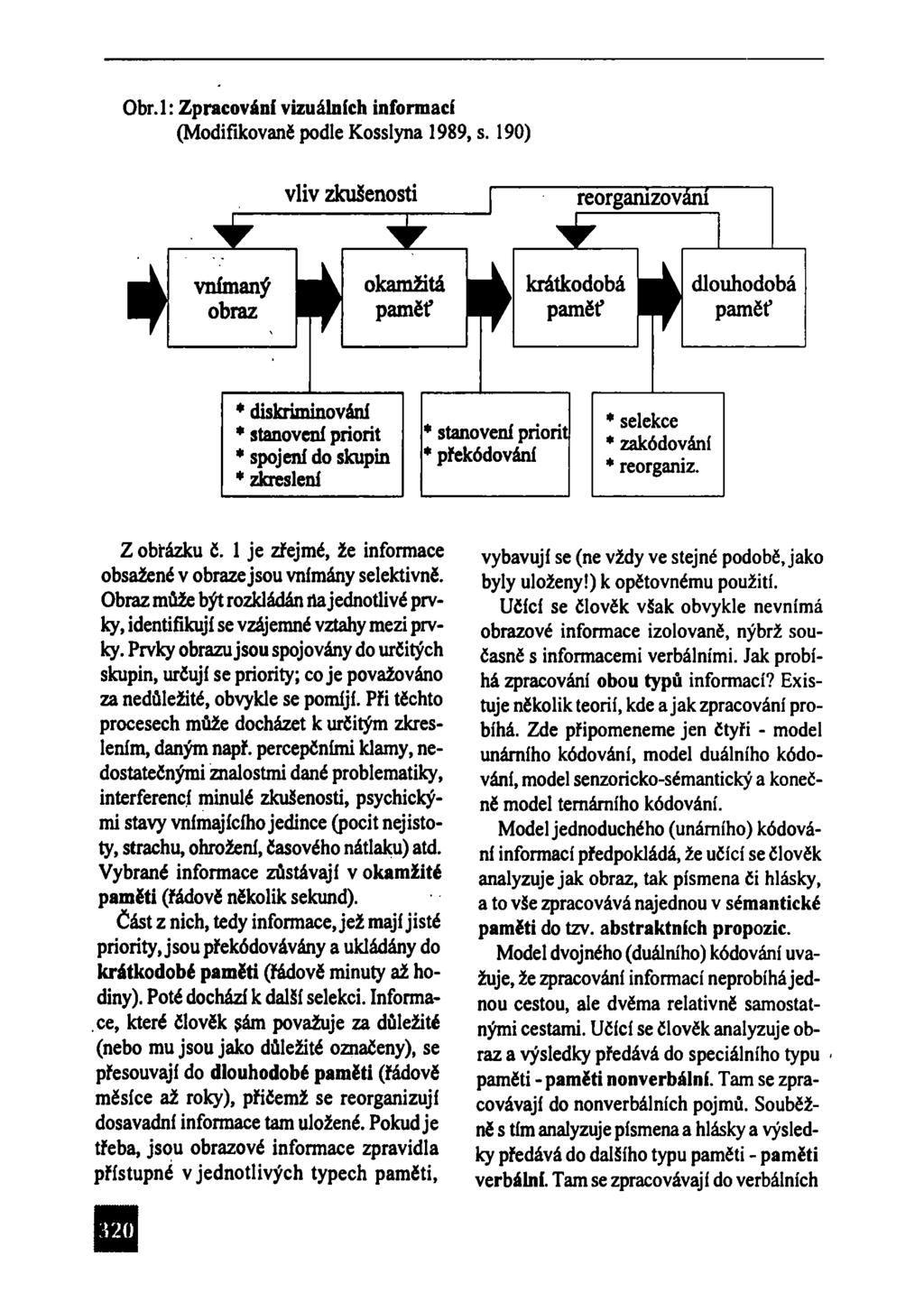 Obr.l: Zpracování vizuálních informací (Modifikovaně podle Kosslyna 1989, s. 190) Z obrázku č. 1 je zřejmé, že informace obsažené v obraze jsou vnímány selektivně.