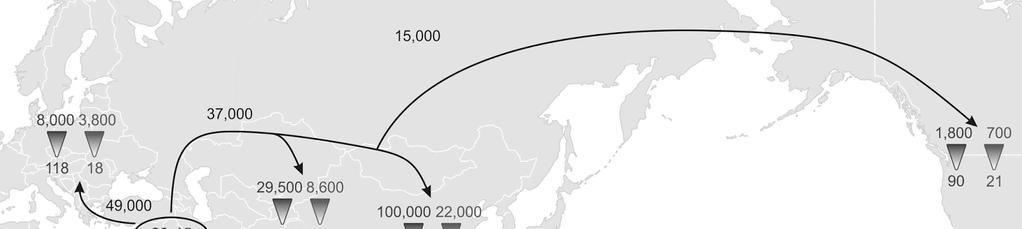 40 000 12 000 250 000 40 000 Většina analýz ukazuje, že celková velikost starověké populace se pohybovala v rozmezí od několika stovek tisíc až po jeden milion lidí.