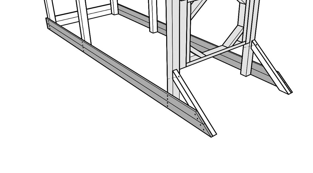 3) Do spodní části sloupů připevněte díly pískoviště na jednu stranu věže pomocí vrutů 5x50 (4,5x50). Prkna mají předvrtané otvory. Vruty po 2ks na jeden spoj, tedy 4 ks na jedno prkno.