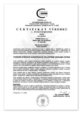 Aplikace desek CETRIS 9 Certifikát výrobku: Požární podhledové konstrukce