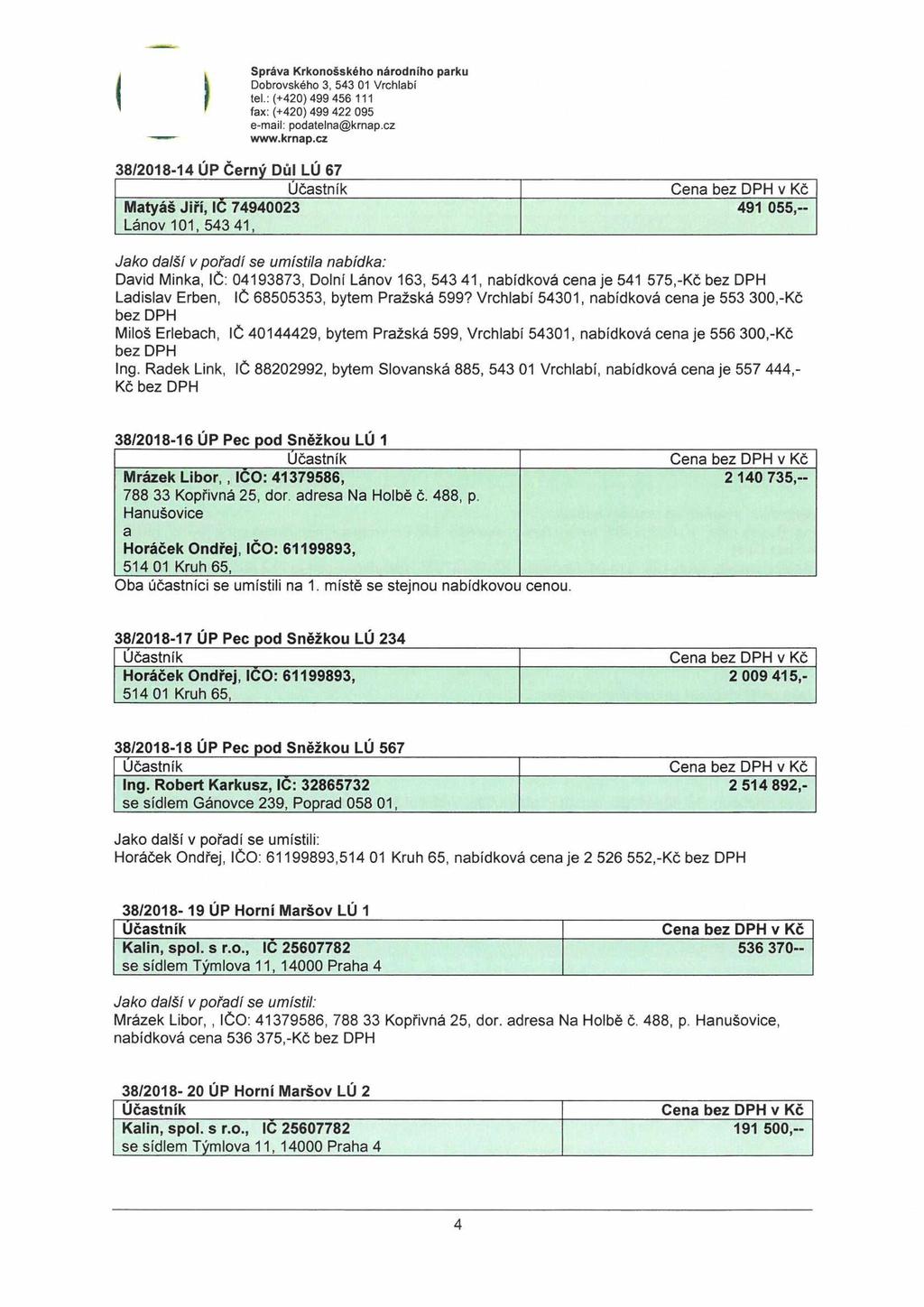 38/2018-14 ÚP Černý Důl LÚ 67 Matyáš Jiří, IČ 74940023 Lánov 101, 543 41, 491 055,- David Minka, IČ: 04193873, Dolní Lánov 163, 543 41, nabídková cena je 541 575,-Kč Ladislav Erben, IČ 68505353,
