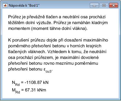 Nápověda v pravém horním rohu poskytuje informace o vyznačených bodech interakčního diagramu, tj. jaký způsob namáhání reprezentují a jaká je únosnost při tomto způsobu namáhání, viz obr. B.29, obr.