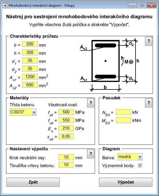 B.5. Mnohobodový interakční diagram Obr. B.41: Mnohobodový interakční diagram zadání vstupních hodnot, v předchozím kroku zvolen pracovní diagram oceli se stoupající větví Okno pro zadání vstupů (obr.