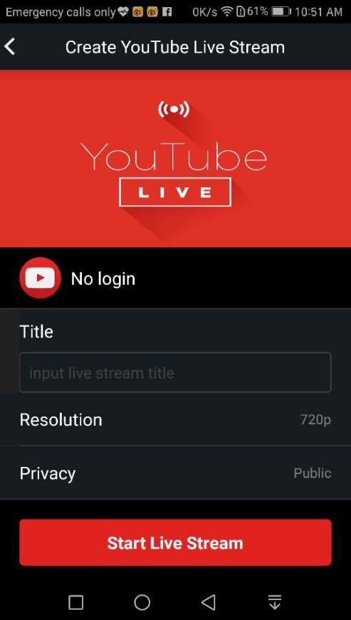 YouTube Výběrem možnost živý přenos na YouTube se zobrazí okno jak je ukázáno na