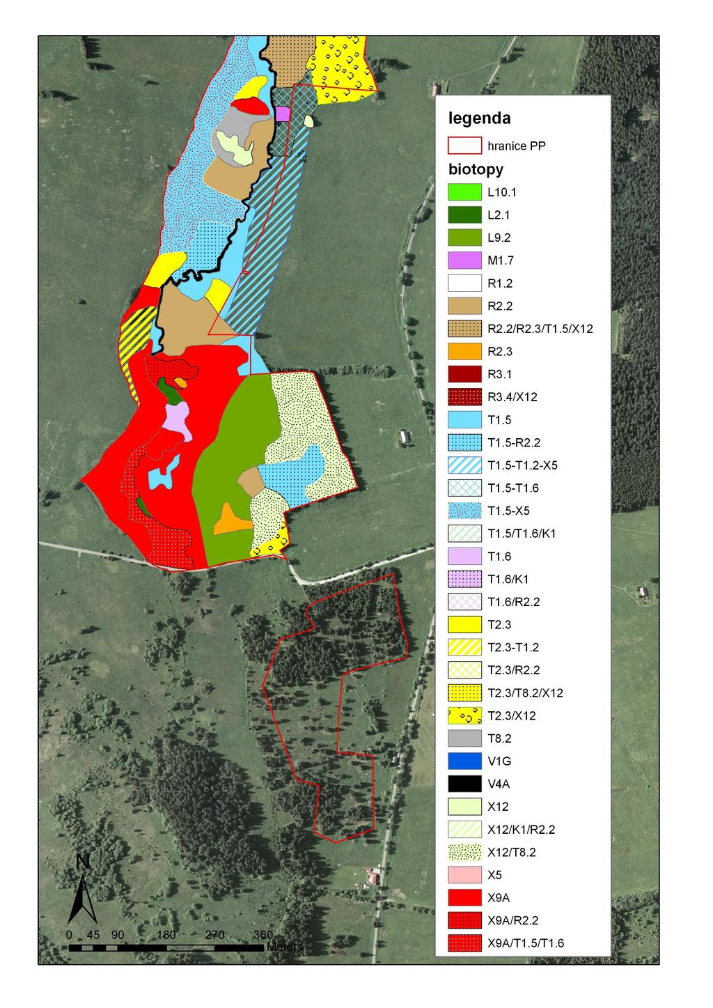 Obr 3: Mapa aktuální vegetace PP Pasecká slať, stav v r. 2008. Uvedeny jsou pouze vysvětlivky k samostatným kódům biotopů.