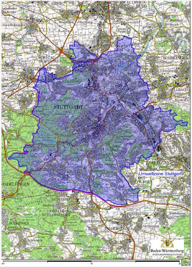 v NEZ města Stuttgart zakázané také vozidla se vznětovým motorem emisní normy EURO 3. NEZ je v Stuttgartu územně vymezená administrativními hranicemi města, jako je možné vidět na obrázku 4.