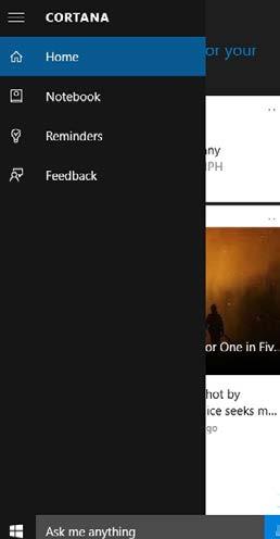 25: Když kliknete nebo klepnete na hamburgerovou nabídku v levém horním rohu okna Cortana, zobrazí se názvy, které popisují, k čemu slouží jednotlivé možnosti na levé straně Funkce Cortana dokáže ve