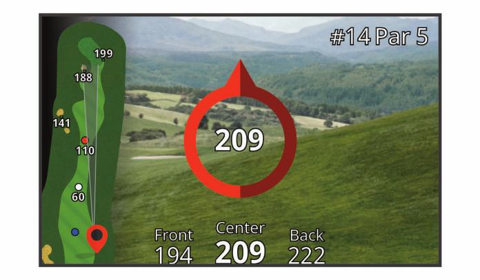 Hraní golfu Vyberte možnost Hrat golf. Zařízení vyhledá satelity a vypočítá polohu. Automaticky se nastaví hřiště, které je vaší poloze nejblíže, a vybere se nejbližší jamka.
