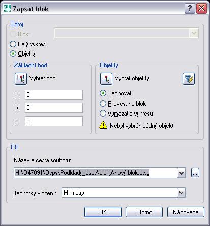 zadáváme jako měřítka jejich skutečné rozměry nebo od nich odvozené vhodné koeficienty. Po nakreslení objektů zadáme příkaz _BLOCK. Příkaz komunikuje s uživatelem prostřednictvím dialogového okna.