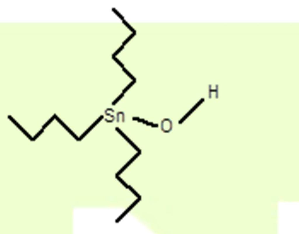 tetra-butylcín a další sloučeniny trialkylcínu. Struktura dalšího zástupce skupiny, tributylcínhydroxidu, je znázorněna na obrázku 2.