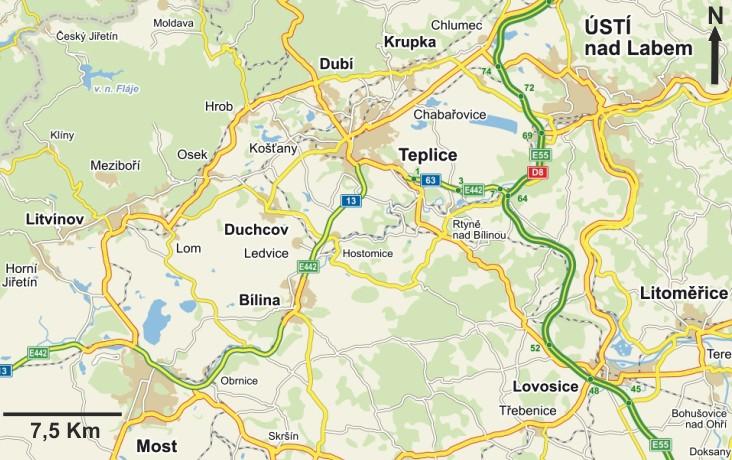 2. Geografické začlenění oblasti Zájmová oblast se nachází v severních Čechách, v Ústeckém kraji, přibližně 75 km severozápadně od Prahy a 20 km jihozápadně od Ústí nad Labem.