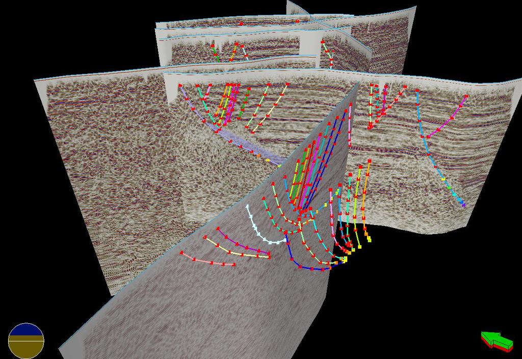 6. Interpretace seismických profilů vedených přes západní okraj vídeňské pánve příčné zlomy pomocí Interpretation window, pak vzniklé interpretace promítla ve 3D zobrazení do podélných seismických