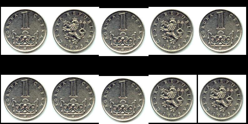 Mince úloha za 4 body Na stole je pět mincí, z nichž tři jsou otočené pannou nahoru a dvě orlem (viz první řádek obrázku).
