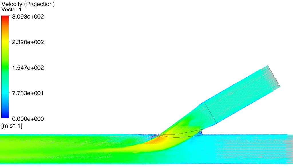 Obr. 68 Vektorové pole rychlosti pro úhel zúžení β = 19, α = 30, stlačitelný plyn. Obr.