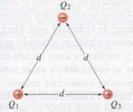 3. Obrázek ukazuje tři náboje držené v pevných polohách silami, které na obrázku nejsou znázorněné. Jaká je elektrická potenciální energie této soustavy nábojů?