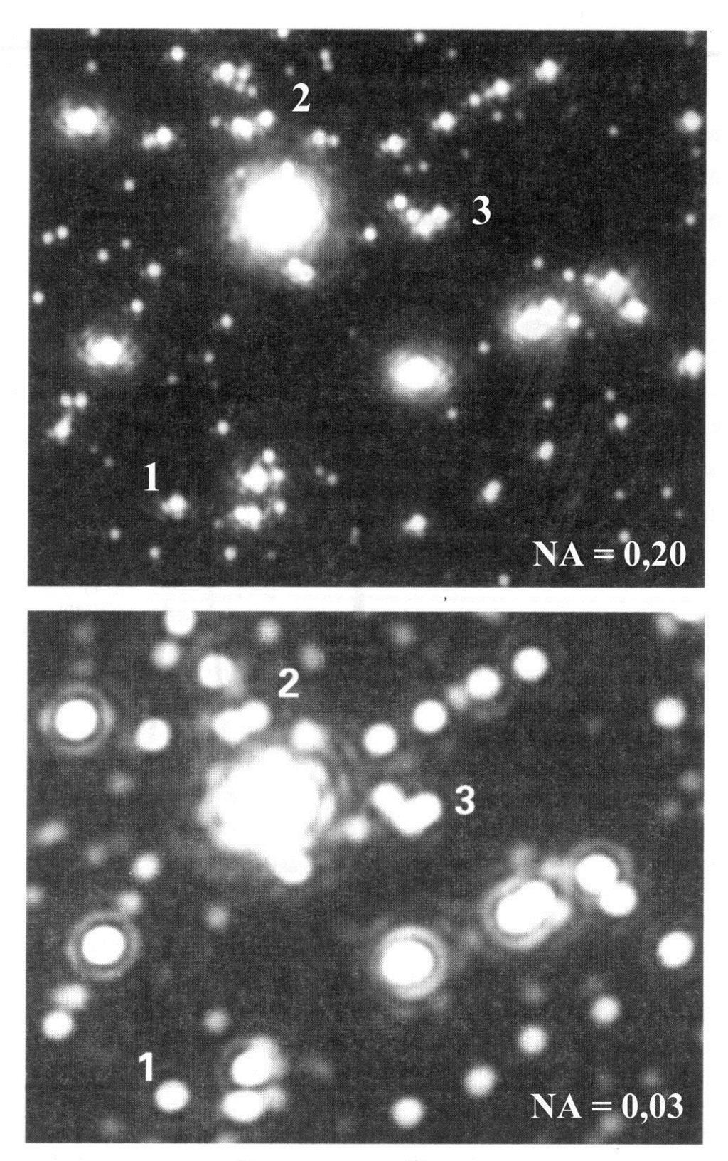 Vliv numerické apertury objektivu na rozlišovací schopnost objektivu Zrnka mikromletého vápence pozorovaná v