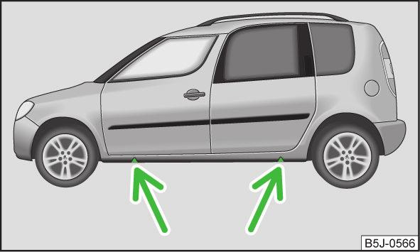 Zvedání vozidla Obr. 145 Body pro nasazení zvedáku vozidla Vozidlo zvedejte pouze v upínacích bodech určených pro zvedák. Pro zvedání vozidla zvolte rovný a pevný podklad.