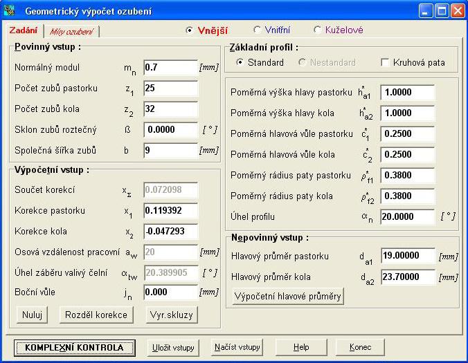 8.1 Geometrie ozubení a zjednodušený pevnostní výpočet Využitím studijních katedrálních programů, a to GEOMETRIE [33] a ČSNw [34], byla provedena