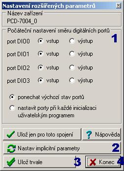 6.5 Rozšířené parametry PCD 7004 Popis ovládacích prvků: 1) Počáteční nastavení směru digitálních portů Dialog umožňuje nastavit počáteční nastavení směru přenosu; nastavení je nezbytné u aplikací