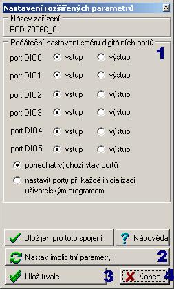 6.6 Rozšířené parametry PCD 7006C Popis ovládacích prvků: 1) Počáteční nastavení směru digitálních portů Dialog umožňuje nastavit počáteční nastavení směru přenosu; nastavení je nezbytné u aplikací
