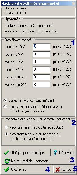 6.10 Rozšířené parametry UDAQ 1208/1408, UDAQ 1408A/E/CA/CE/DA/DE, UDAQ 1416CA/CE Popis ovládacích prvků 1) Doplňková zpoždění Tato část dialogu umožňuje individuálně nastavit zpoždění vložená mezi