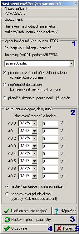 6.4 Rozšířené parametry PCA 7288A Popis ovládacích prvků: 1) Výběr konfiguračního souboru FPGA V roletovém výběru bloku jsou zobrazeny konfigurační soubory kompatibilní se zařízením.