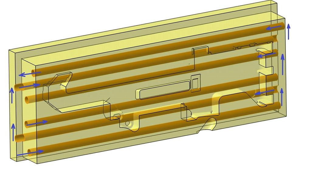 UTB ve Zlíně, Fakulta technologická 55 11.8 Vtokový systém Obr. 34 Rozmístění temperačních kanálu u tvárnice (levá) V návrhu formy byl zvolen studený vtokový systém s tunelovým vtokem.